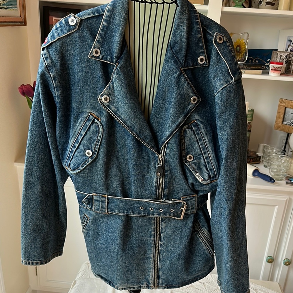 Gasoline brand vintage denim jacket with Belted Waist and Wide Lapel. 80s.